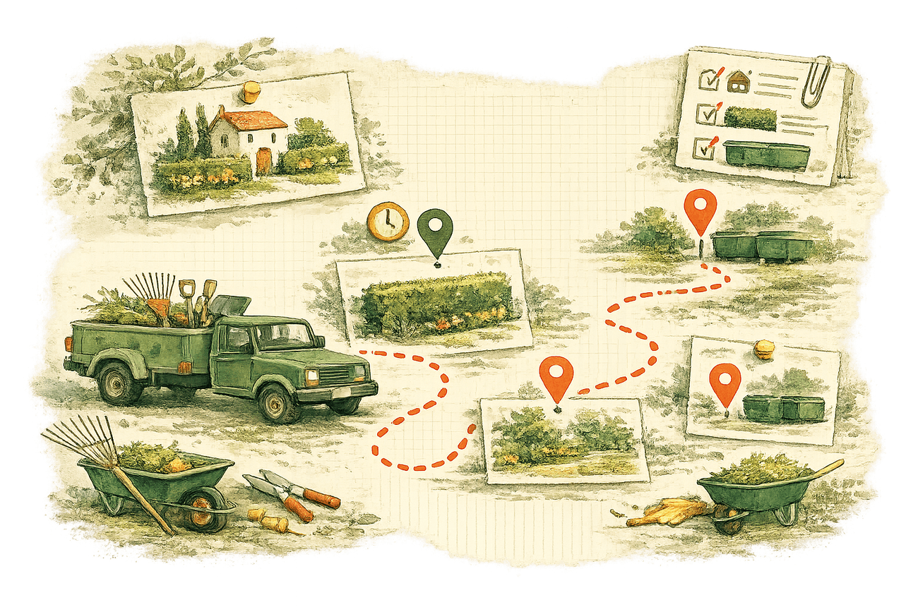 Vue carnet du métier : fiches clients épinglées, horloge de récurrence, tracé de tournée en pointillés reliant les jardins, camionnette chargée d'outils, remorques de déchets verts et bennes de déchèterie