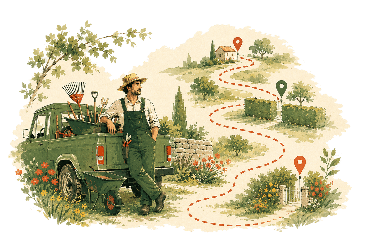 Jardinier-paysagiste appuyé contre sa camionnette verte chargée d'outils ; un tracé de tournée en pointillés relie trois maisons de clients dans la campagne