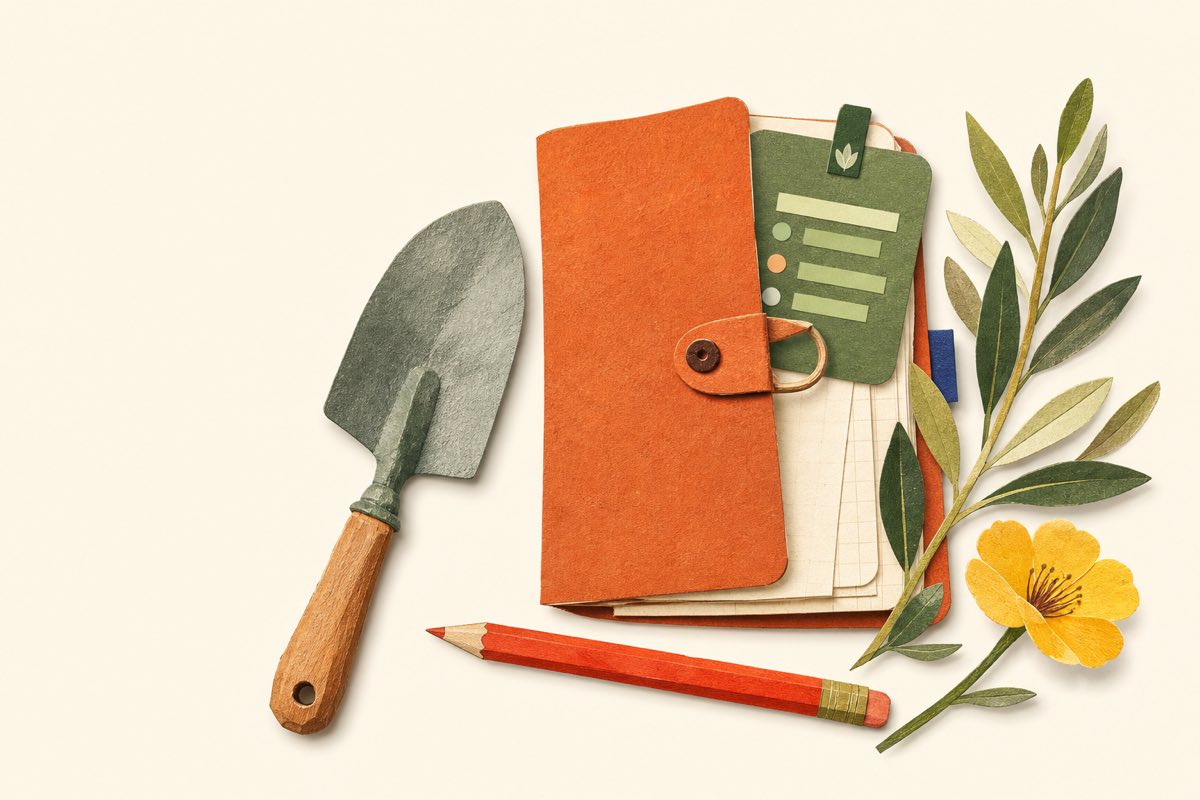Carnet terracotta, carte de planning verte, truelle, crayon rouge et feuillage